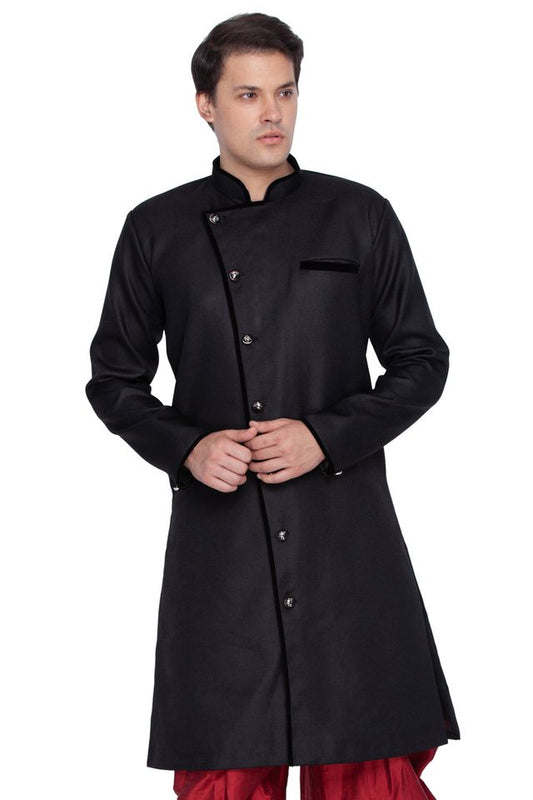 Men's Black Cotton Blend Regular Sherwani Set