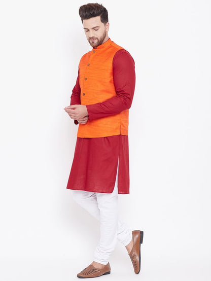Men's Maroon Cotton Blend Straight Jacket  Kurta and Pyjama Set
