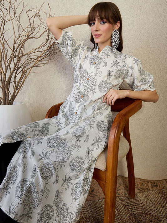Dhiyona IE Floral Printed Round Neck A-Line Kurta