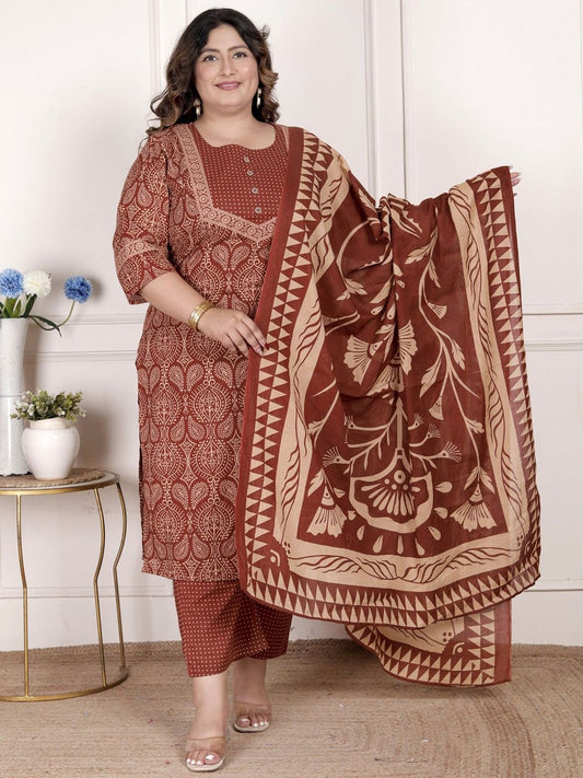 Dhiyona KL Ethnic Motifs Printed Round Neck Pure Cotton Straight Kurta & Trousers With Dupatta