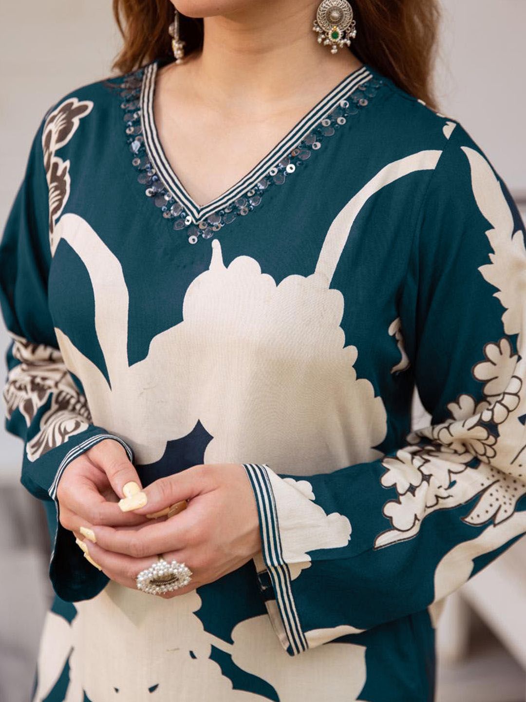 Floral Printed Sequinned A-Line Kurta With Salwar