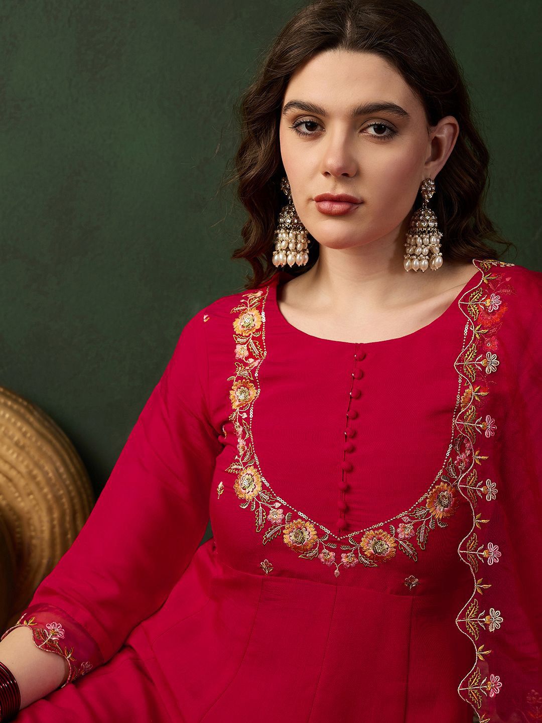 Dhiyona SN Women's Embroidered Round Neck A-Line Kurta & Trouser With Dupatta