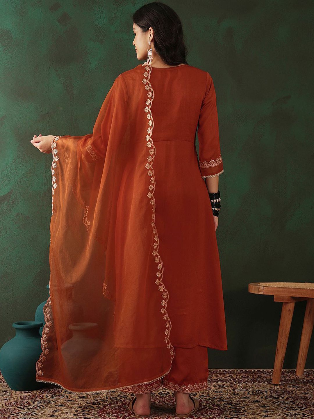 Dhiyona SN Women's Sequence Embroidered Front Slit Kurta With Trousers & Dupatta