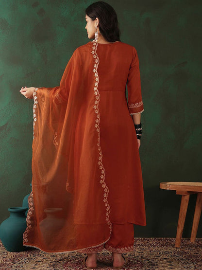 Dhiyona SN Women's Sequence Embroidered Front Slit Kurta With Trousers & Dupatta