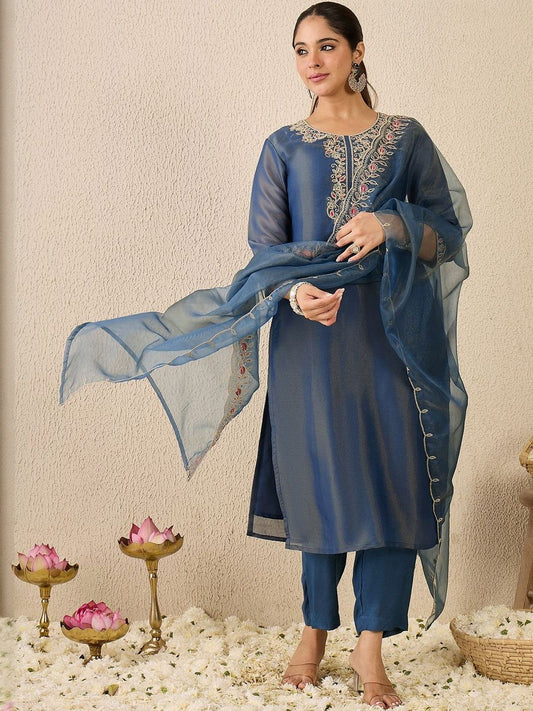 Women Ethnic Motifs Embroidered Regular Liva Kurta with Trousers & Dupatta
