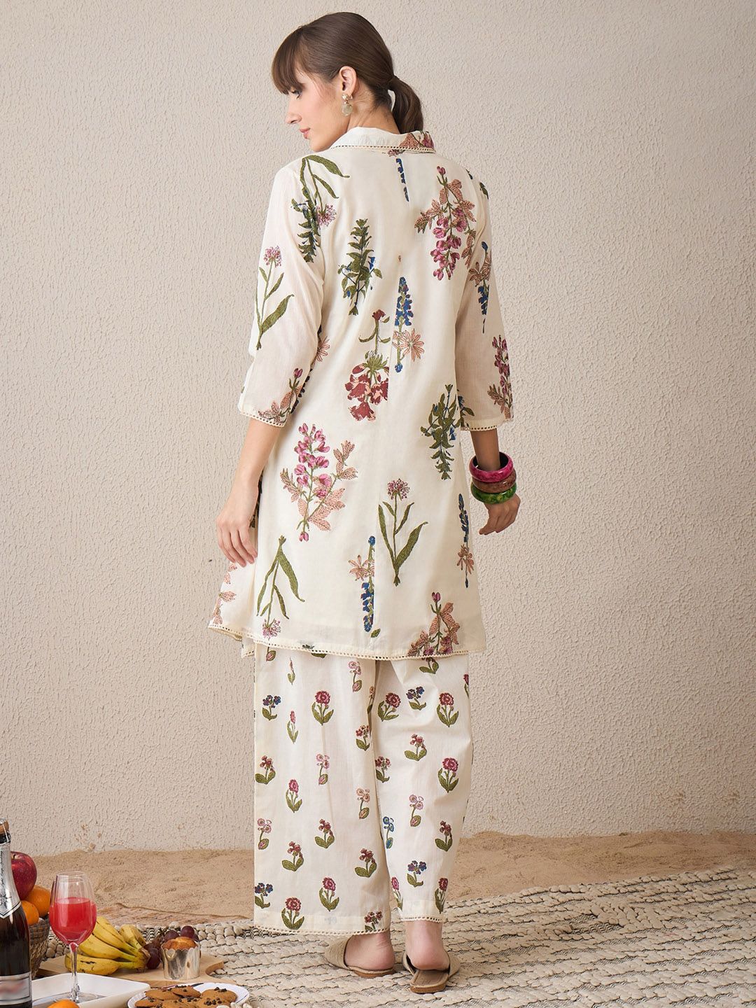 Floral Printed Pure Cotton Shirt Collar A-Line Kurta With Palazzos