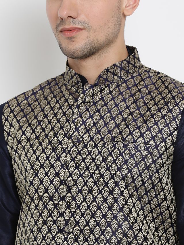 Men's Dark Blue Silk Blend Straight Jacket  Kurta and Dhoti Set