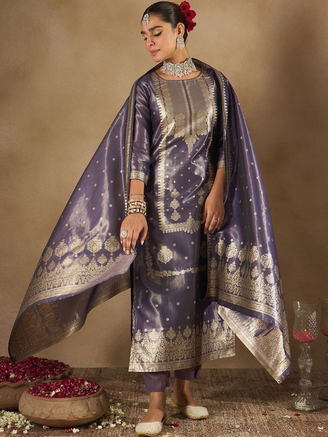 Women Ethnic Motifs Woven Design Kurta with Trousers & With Dupatta