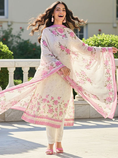 Floral Printed Round Neck Thread Work Linen Kurta With Trousers & Dupatta