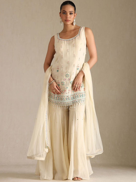 Dhiyona SO Women's Women Ethnic Motifs Embroidered Regular Beads and Stones Kurta with Sharara & With Dupatta