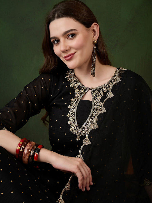 Dhiyona SN Women's Floral Printed Embroidered Sequinned Keyhole Neck Kurta With Trouser And Dupatta