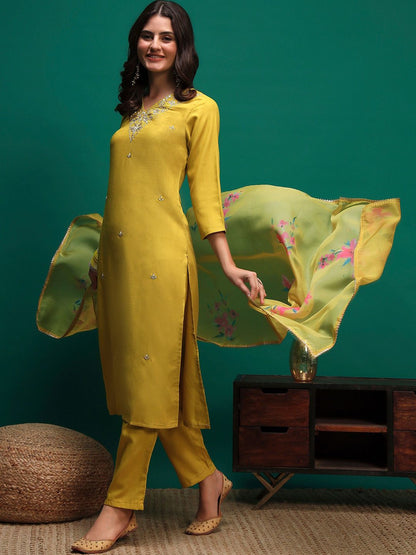 Dhiyona SN Women's Embroidered Straight Kurta With Trouser & Dupatta