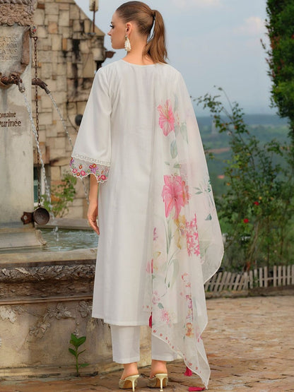 Floral Embroidered V-Neck Straight Thread Work Kurta With Trousers & Dupatta