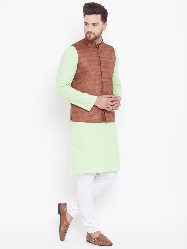 Men's Mint Green Cotton Blend Straight Jacket  Kurta and Pyjama Set
