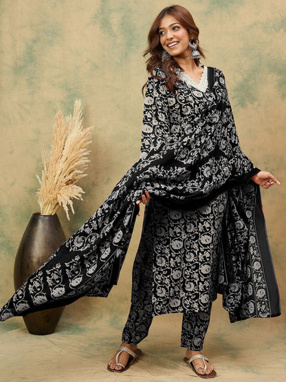 Dhiyona VA Women's Ethnic Motifs Printed Regular Kurta with Trousers & Dupatta