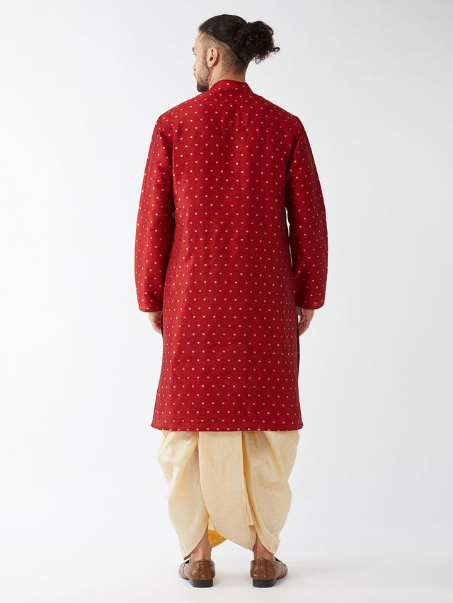Men's Maroon Silk Blend Straight Kurta and Dhoti Set