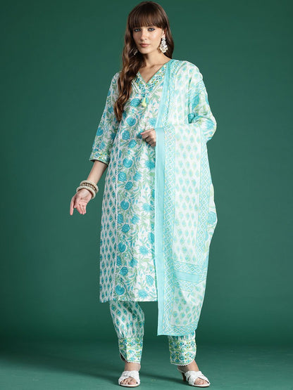 Women Floral Printed Regular Pure Cotton Kurta with Trousers & With Dupatta