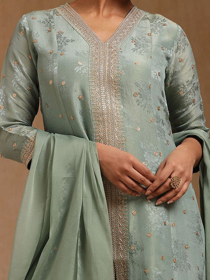 Dhiyona SO Women's Floral Embroidered Regular Sequinned Straight Kurta with Palazzos & Dupatta