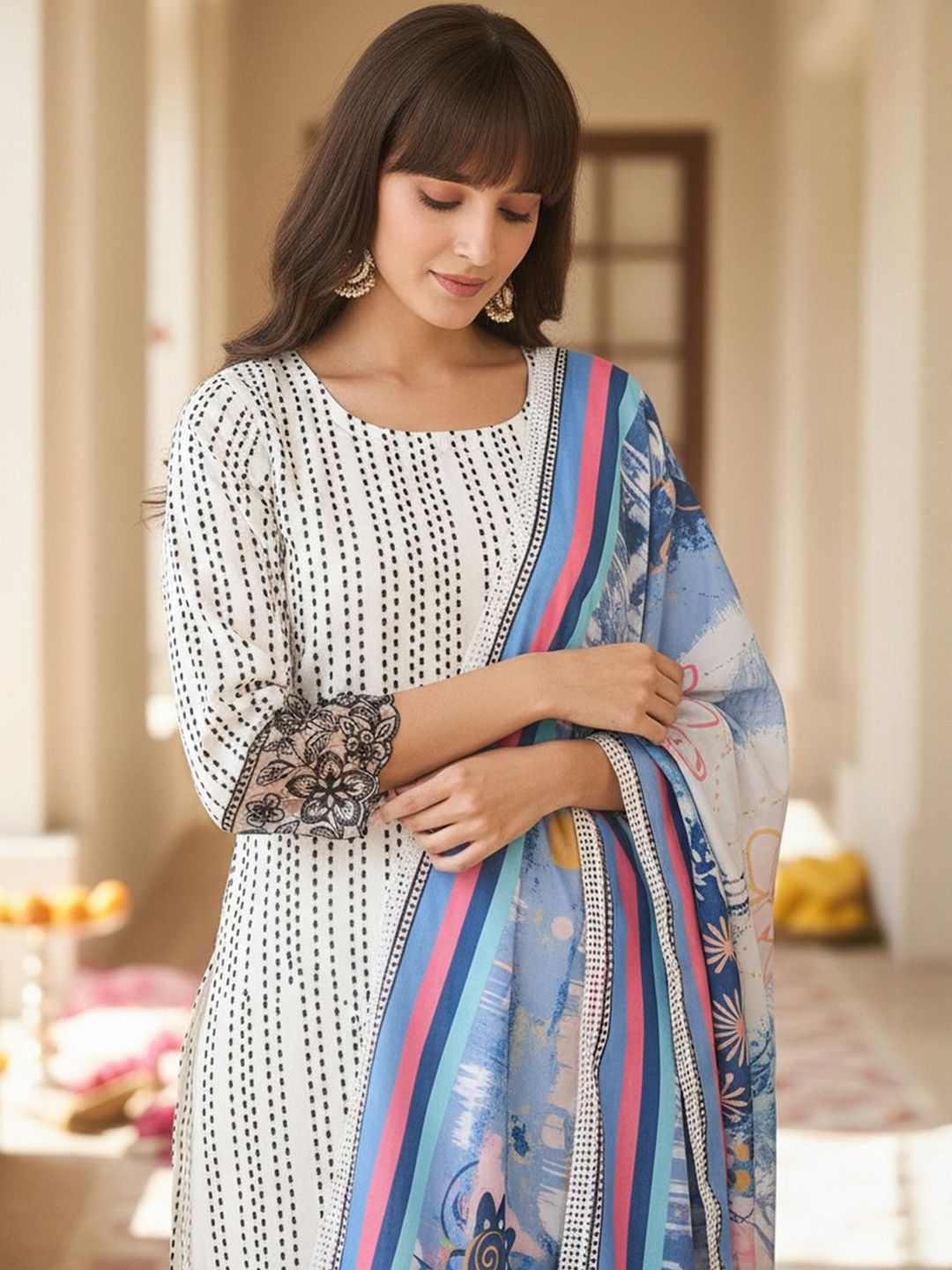 Ethnic Motifs Printed Round Neck Straight Kurta With Trousers & Dupatta