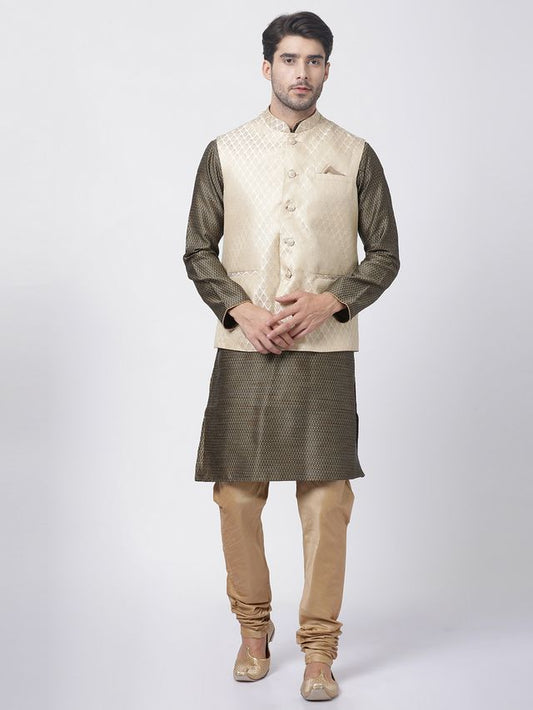 Men's Black Silk Blend Straight Jacket  Kurta and Pyjama Set