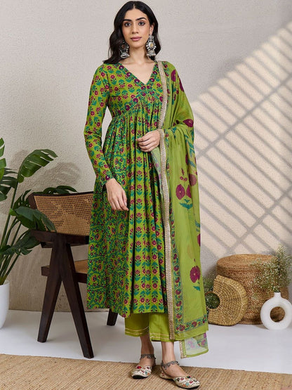Floral Printed Panelled Pure Cotton Kurta With Trouser & Dupatta