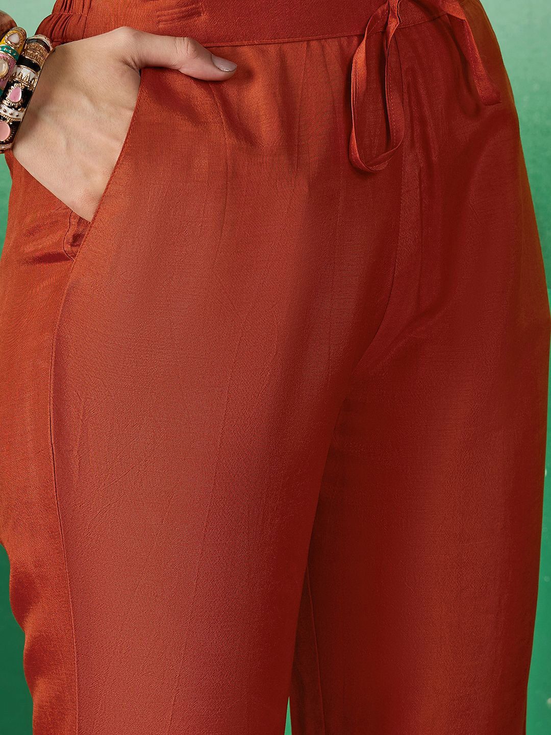 Dhiyona SN Women's Orange Floral Embroidered V-Neck Sequence Straight Kurta With Trousers & Dupatta