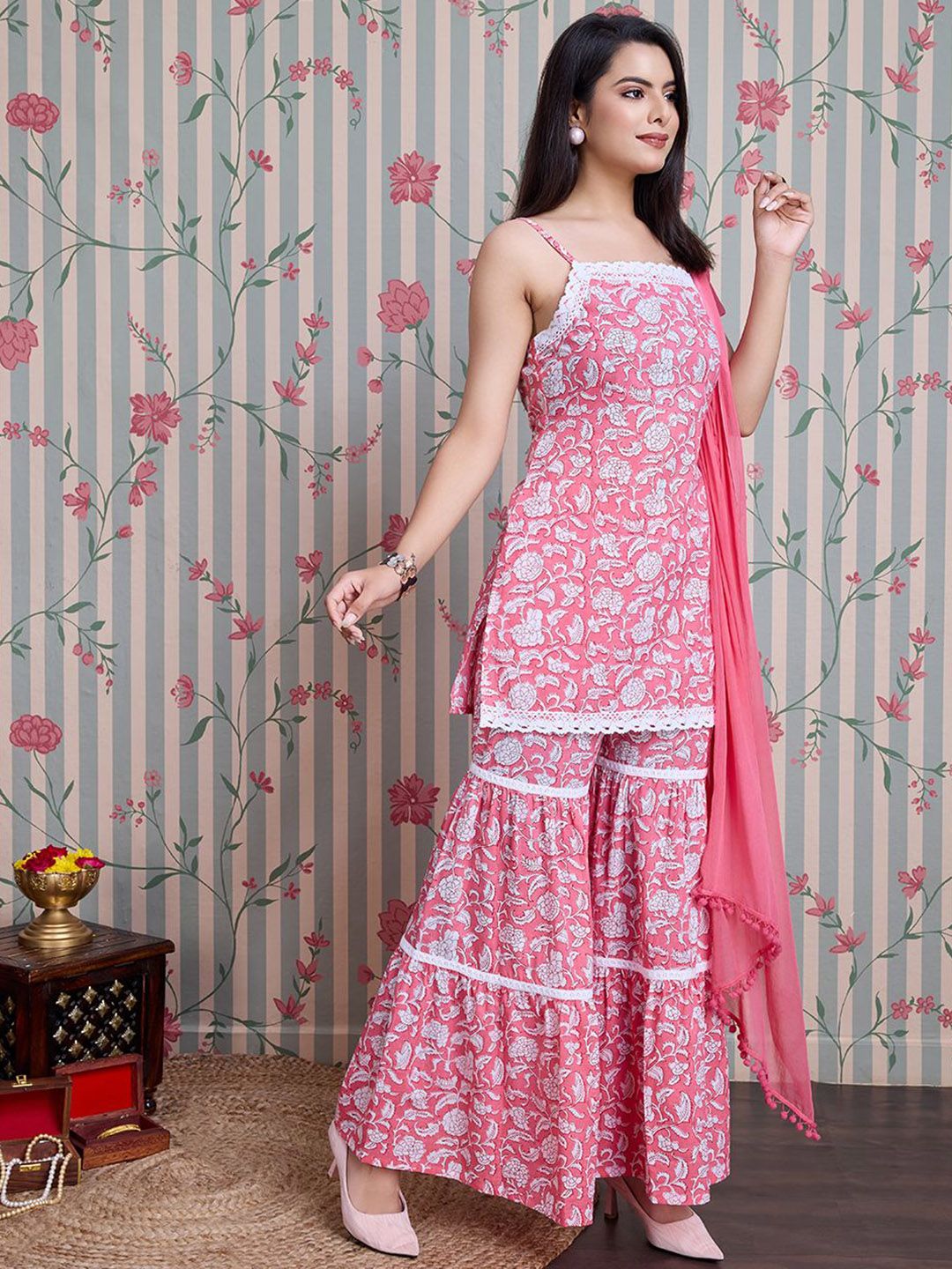 Dhiyona OD  Floral Printed Pure Cotton Straight Kurti with Sharara & Dupatta