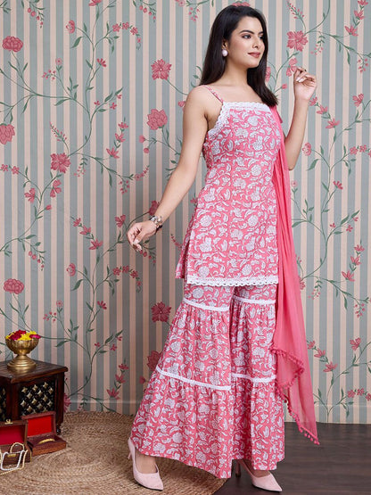 Dhiyona OD  Floral Printed Pure Cotton Straight Kurti with Sharara & Dupatta