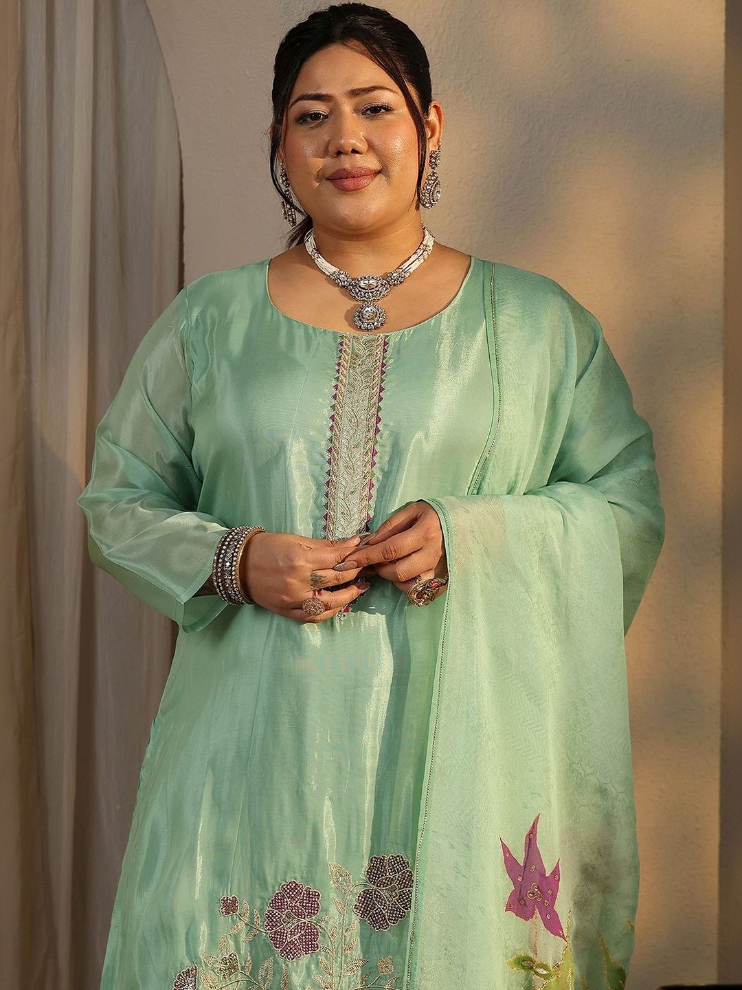 Dhiyona Women's Plus Size Floral Embroidered Kurta with Trousers & Dupatta