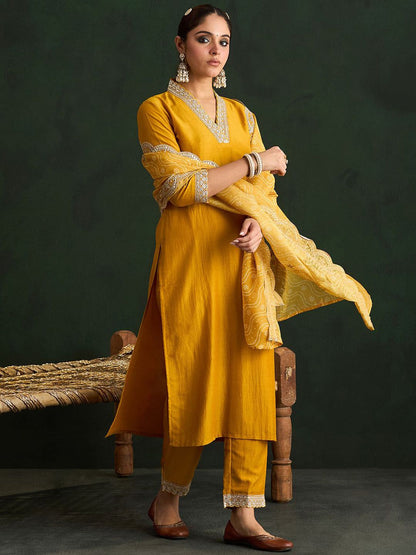Dhiyona IE Mustard Yellow Floral Embroidered V-Neck Straight Kurta with Trousers & Dupatta