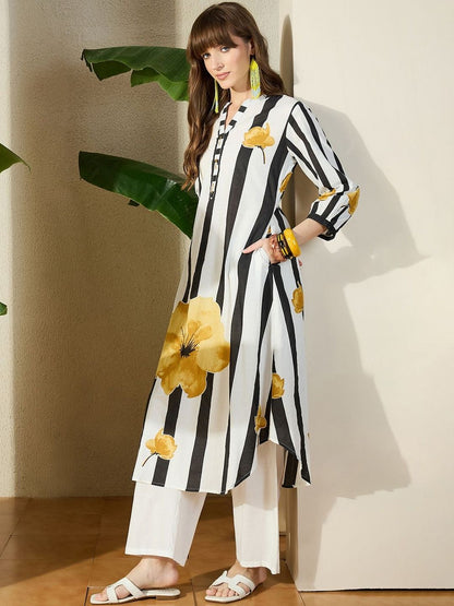 Women Striped Cotton A-Line Kurta with Trouser