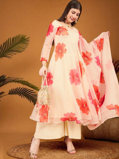 Dhiyona SN Women's Floral Printed Round Neck Organza Kurta With Palazzo And Dupatta