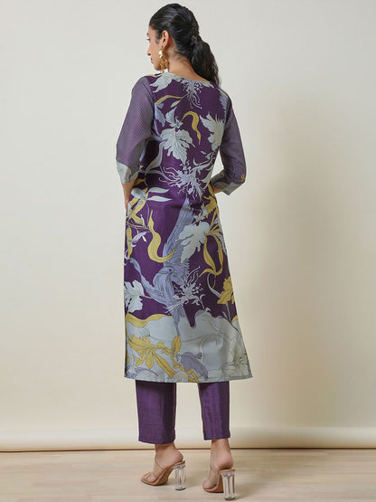 Dhiyona SO Women's Floral Printed Beads & Stones Notch Neck Straight Kurta with Trousers
