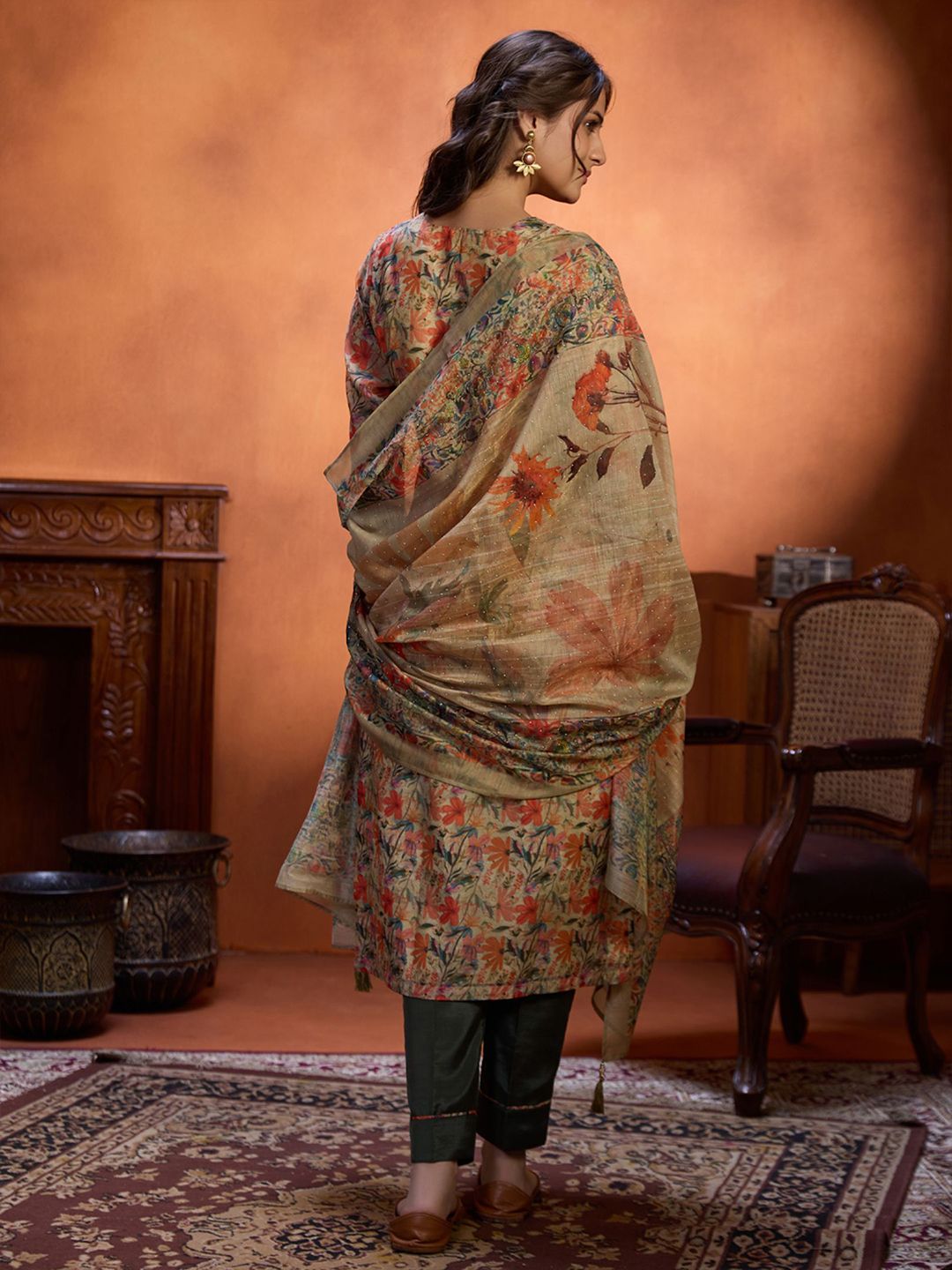 Dhiyona WP Floral Printed Straight Beads and Stones Kurta with Trousers & Dupatta