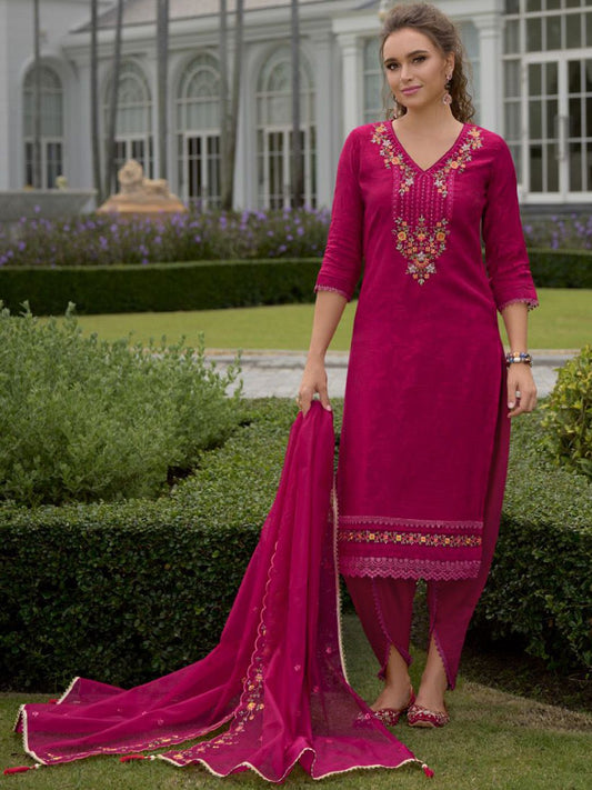 Dhiyona VA Women'sFloral Embroidered Thread Work Straight Kurta With Trousers And Dupatta