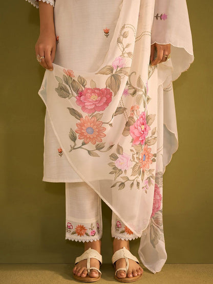 Floral Embroidered Thread Work Straight Kurta With Trouser And Dupatta