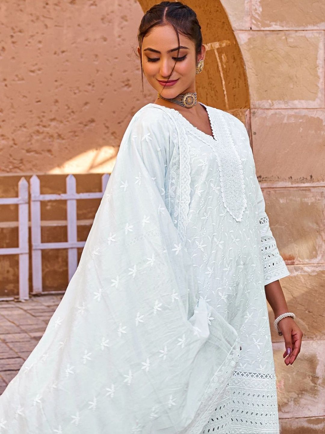 Women Ethnic Motifs Embroidered Regular Chikankari Pure Cotton Kurta with Trousers & With Dupatta