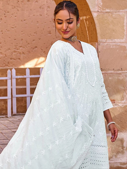 Women Ethnic Motifs Embroidered Regular Chikankari Pure Cotton Kurta with Trousers & With Dupatta