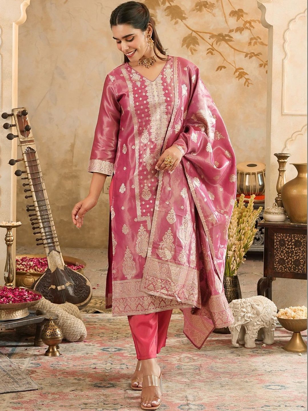 Women Ethnic Motifs Regular Kurta with Trousers & With Dupatta