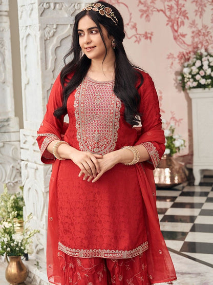 Dhiyona CH Women Ethnic Motifs Embroidered Thread Work Kurta with Sharara & With Dupatta