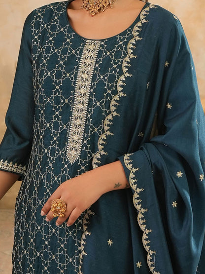 Dhiyona IE Women's Women Ethnic Motifs Embroidered Kurta with Trousers & Dupatta