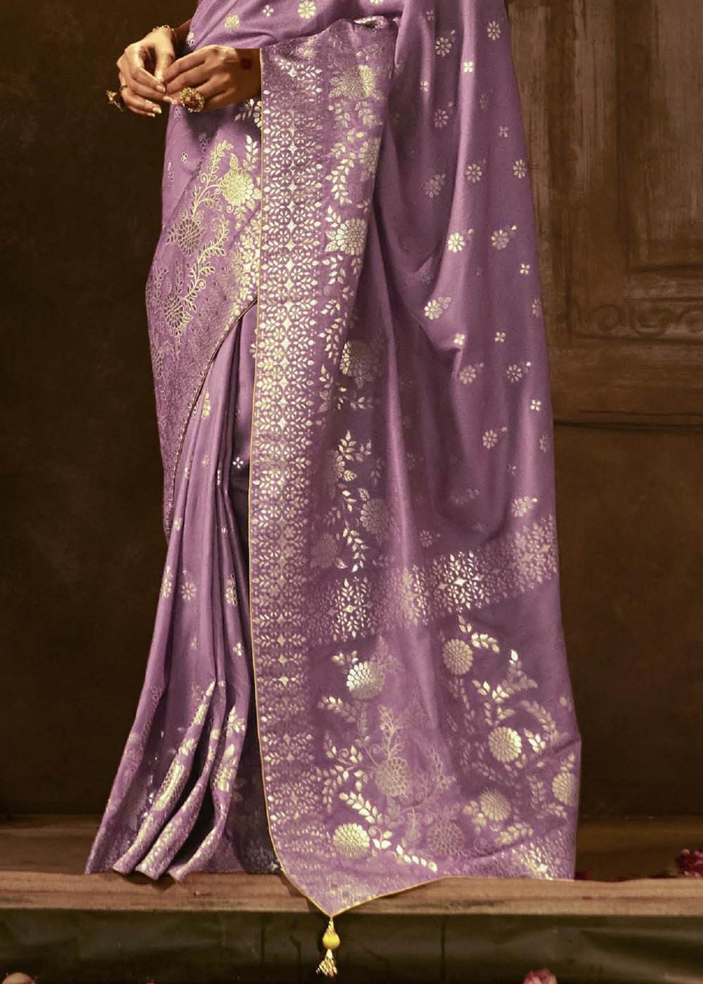 Dhiyona KM Women Royal Purple Saree With Contrast Yellow Blouse & Elegant Zari Work