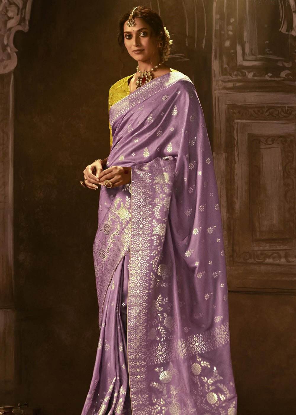 Dhiyona KM Women Royal Purple Saree With Contrast Yellow Blouse & Elegant Zari Work