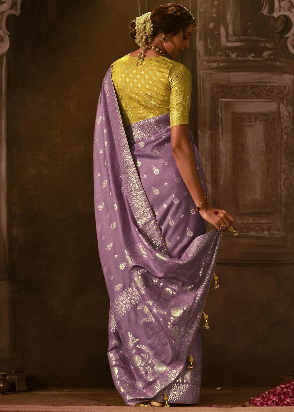 Dhiyona KM Women Royal Purple Saree With Contrast Yellow Blouse & Elegant Zari Work