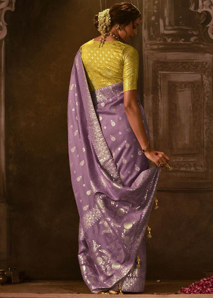 Dhiyona KM Women Royal Purple Saree With Contrast Yellow Blouse & Elegant Zari Work