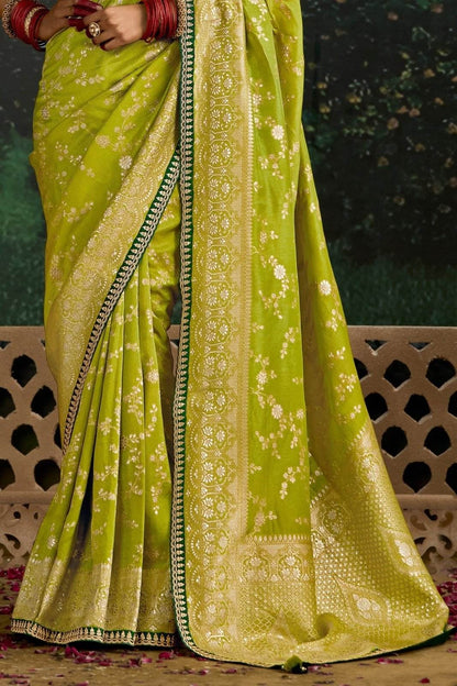 Dhiyona KM Women Green Banarasi Dola Silk Saree With Embellished Blouse