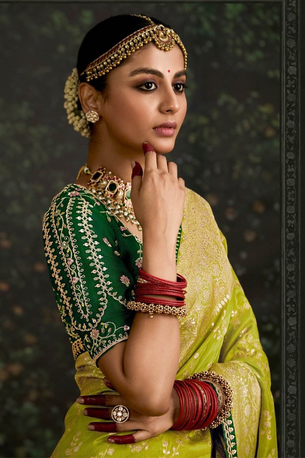 Dhiyona KM Women Green Banarasi Dola Silk Saree With Embellished Blouse