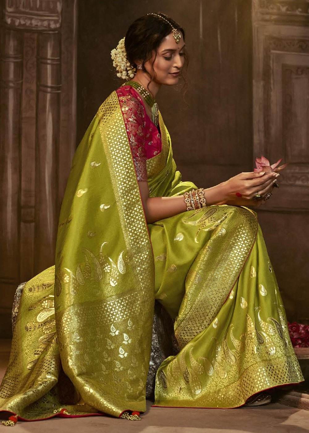 Dhiyona KM Women Green Banarasi Silk Saree With Rich Golden Zari & Red Contrast Blouse
