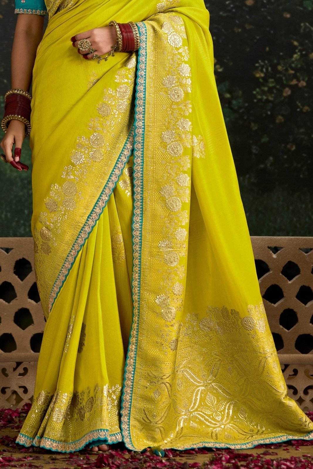 Dhiyona KM Women Lime Yellow Banarasi Dola Silk Saree