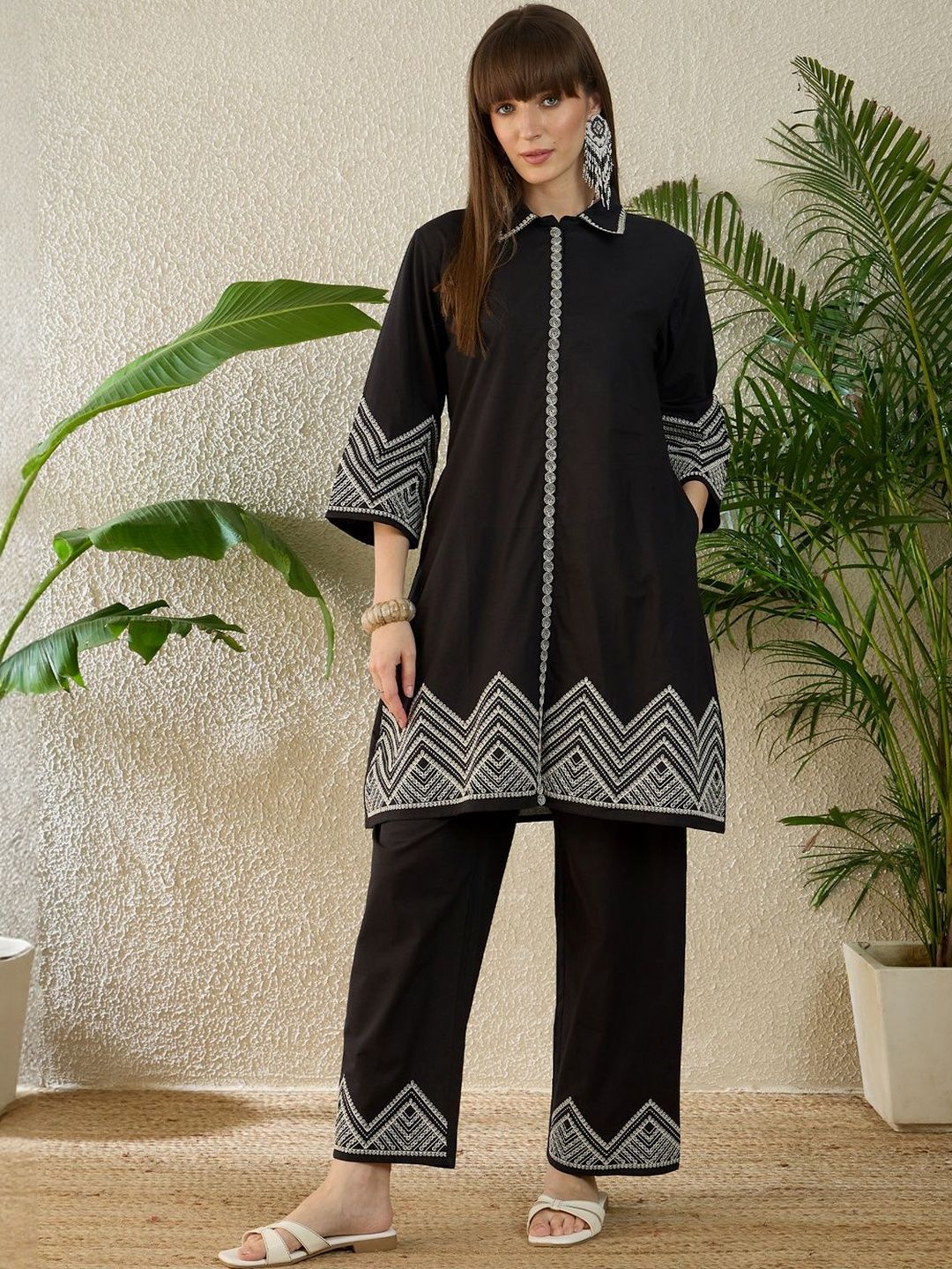 Embroidered Thread Work Pure Cotton A Line Kurta With Trousers